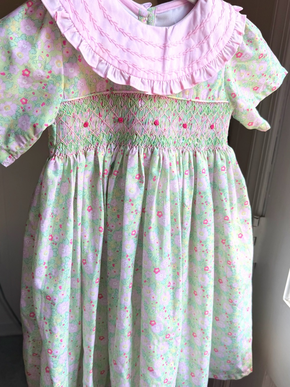Smocked Floral Short-Sleeve Kids Dress in Pink and Mint